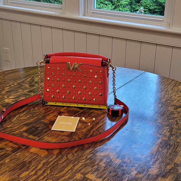 NWOT Michael Kors Gold Studded Crossbody Bag. Red. Gold Chain. Removable Strap. - Picture 10 of 16